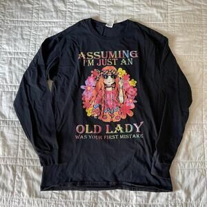 Black long sleeve graphic slogan t shirt sz large floral hippie grandma cotton